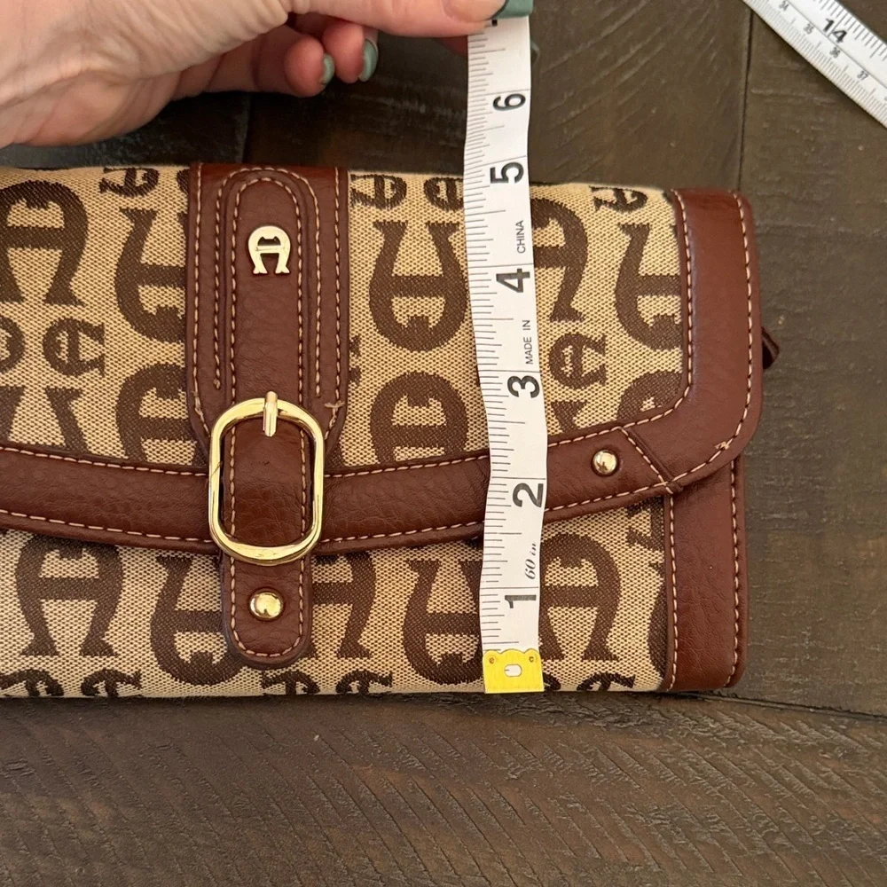 Etienne Aigner Brown and Cream Logo Wristlet